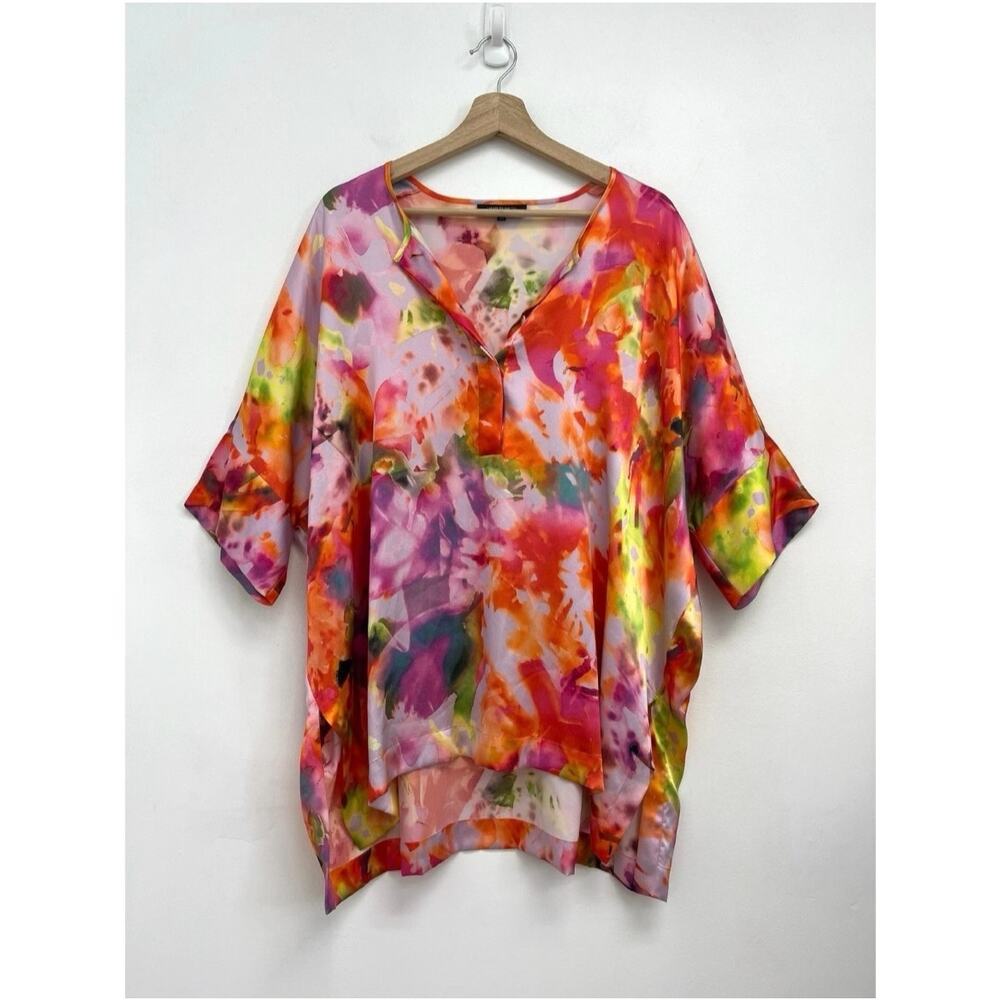 Lafayette 148 Silk Drape Tunic Blouse Watercolor Print Colorful Relaxed - Medium
